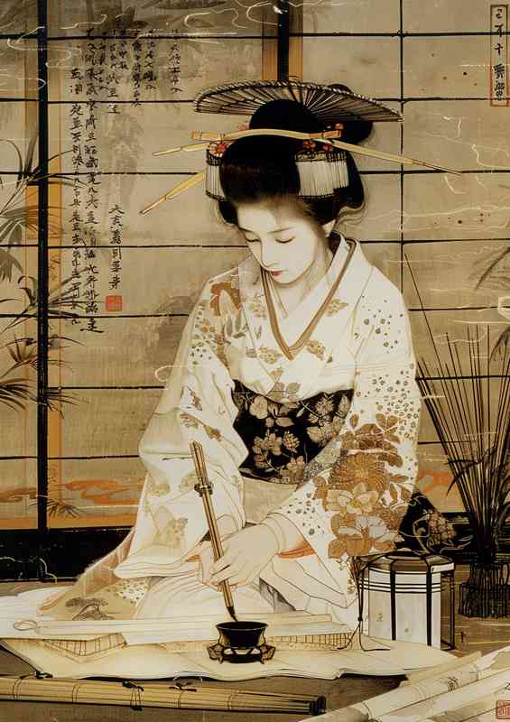 Japanese woman dressed in white with gold | Di-Bond