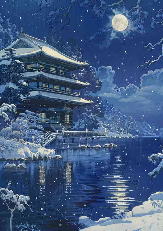 Kawase Hasui snowcovered pagoda by the lake at night | Canvas