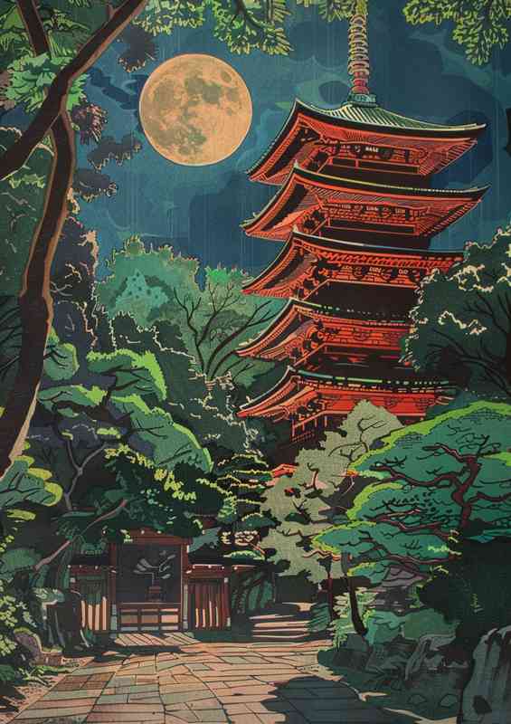 Pagoda at night under the moon | Poster