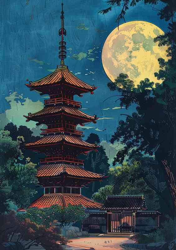 Pagoda with red tiles and dark wood | Poster