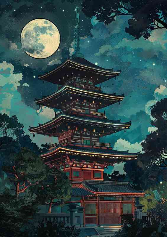 Pagoda with the moonlight shining on it | Poster