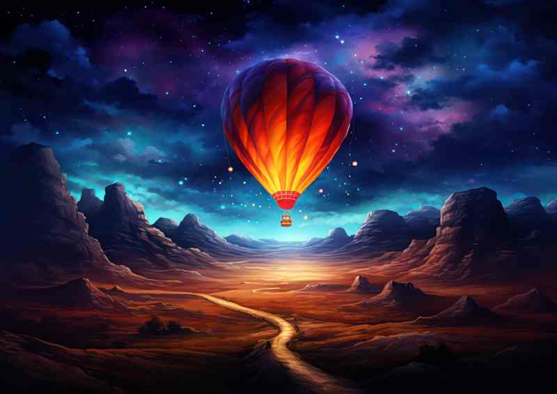 hot air ballon the dusk sky surrounded by mountains | Poster