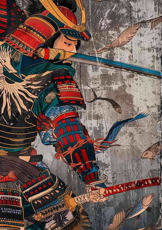 Samurai fighting with sword and armor colorful wood | Di-Bond
