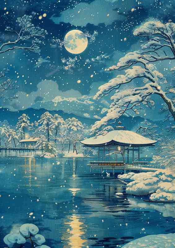 Snow scene at night by the lake | Poster