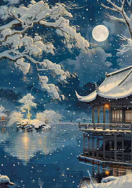 Snow scene at night in the temple | Canvas