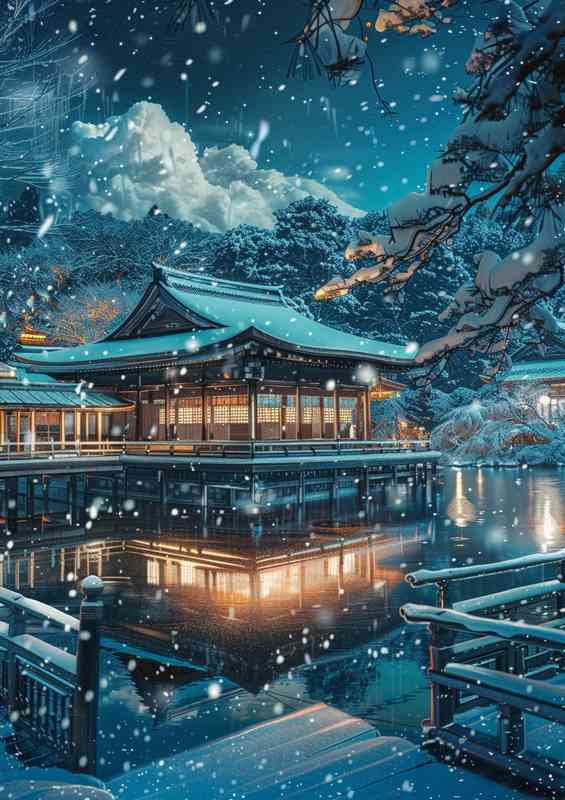 Snow scene with the japanese temple | Canvas