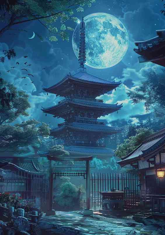 Tall pagoda with blue moon | Canvas