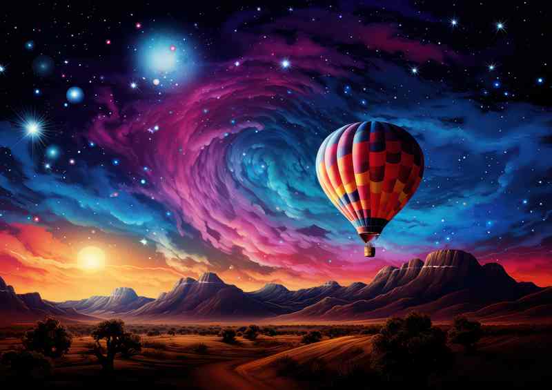 hot air baloon in the desert by mountains | Poster