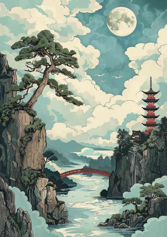 Water painting style bridge over the river | Poster