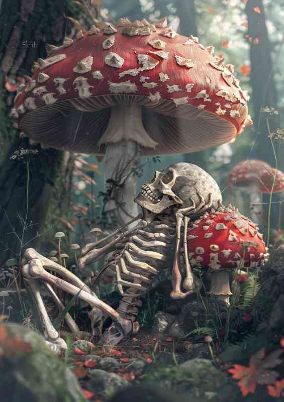 A Skeleton sitting under a mushroom canopy | Canvas