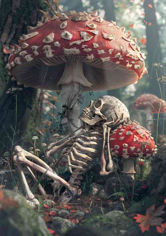 A Skeleton sitting under a mushroom canopy | Poster