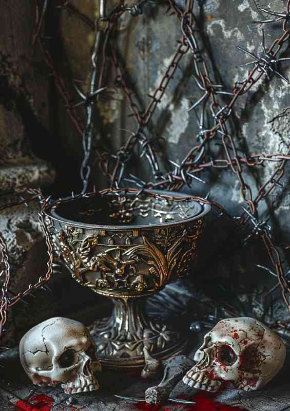 A bowl next to skulls and barbed wire | Canvas