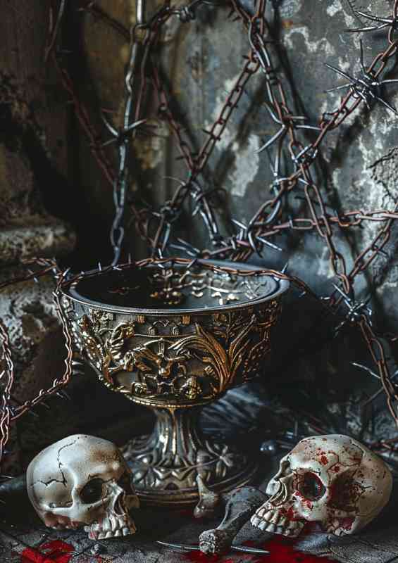 A bowl next to skulls and barbed wire | Poster