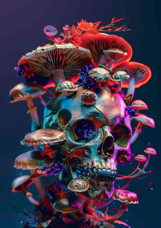 A colorful skull with various mushrooms | Poster