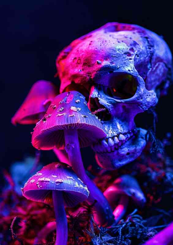 A dark room with mushrooms and a skull | Metal Poster