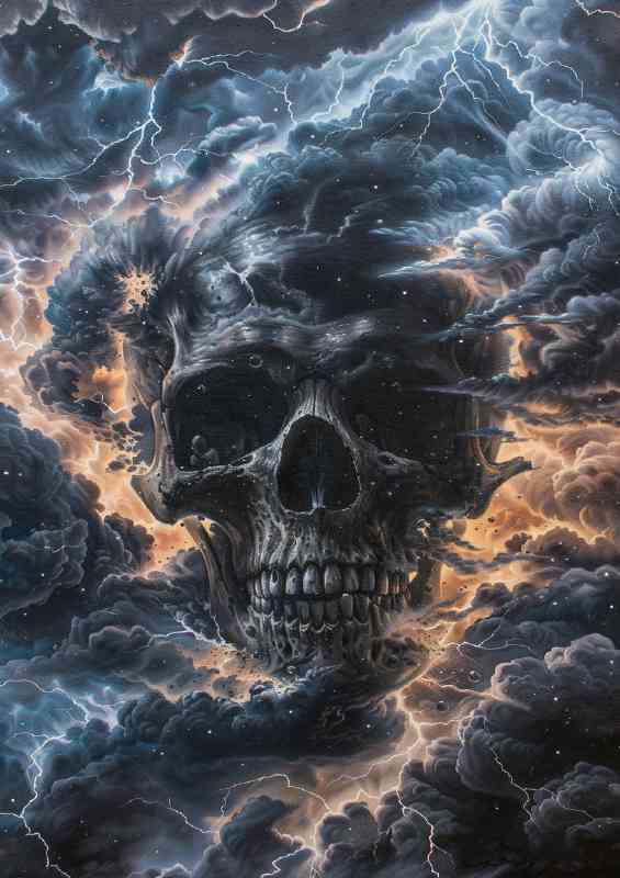 Black skull with lightning around it in the clouds | Poster