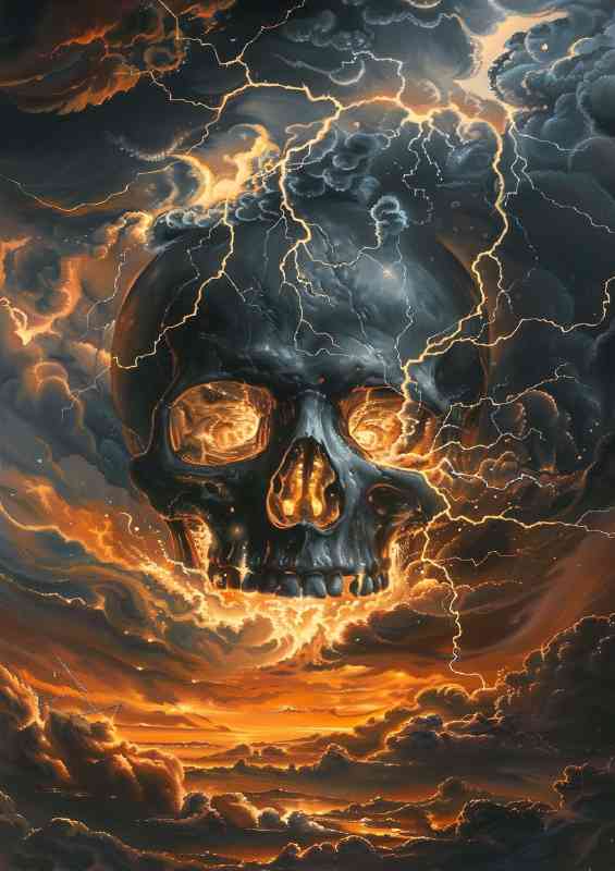 Black skull with lightning the clouds | Poster