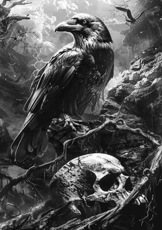 Raven and skull in black and white | Canvas