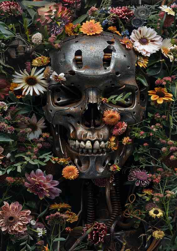 Robot skull surrounded by lots of flowers | Metal Poster