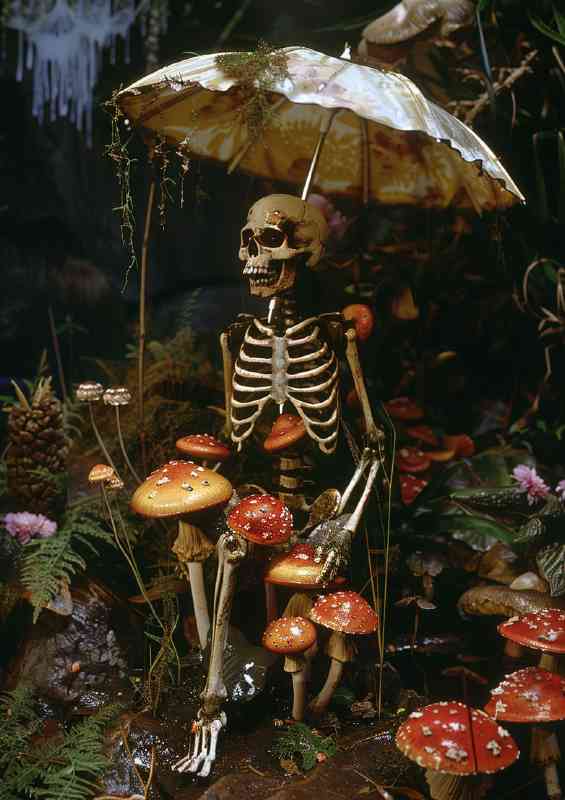 Skeleton with mushrooms under an umbrella | Poster