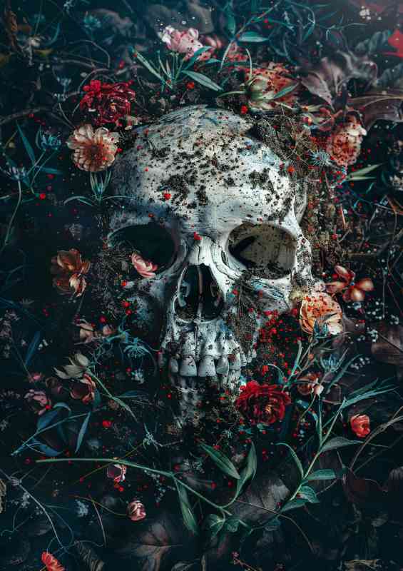Skull covered in dirt and flowers | Canvas