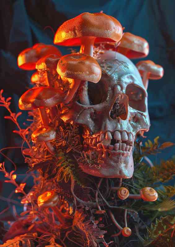 Skull in a dark room with mushrooms | Canvas