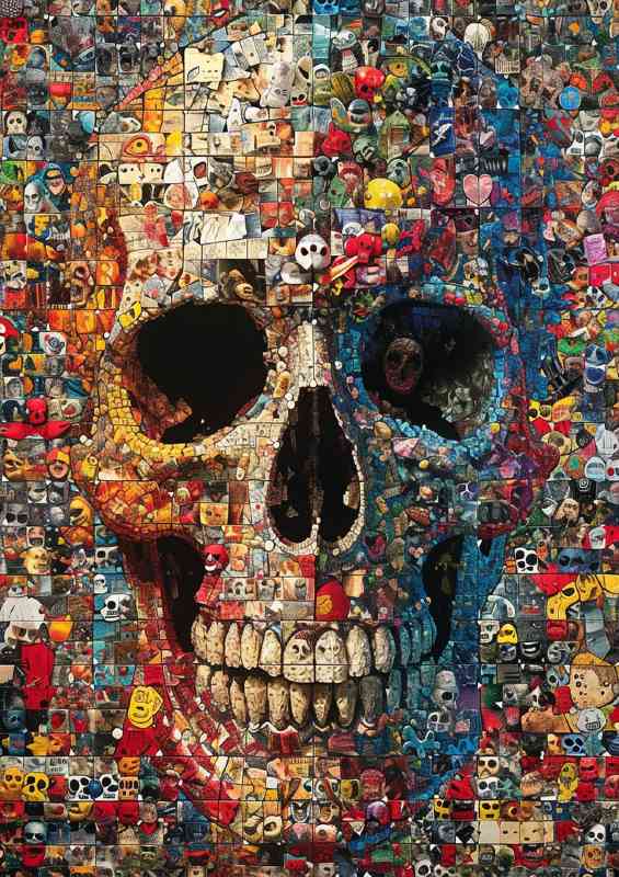 Skull in the center of a collage of junk toys | Di-Bond