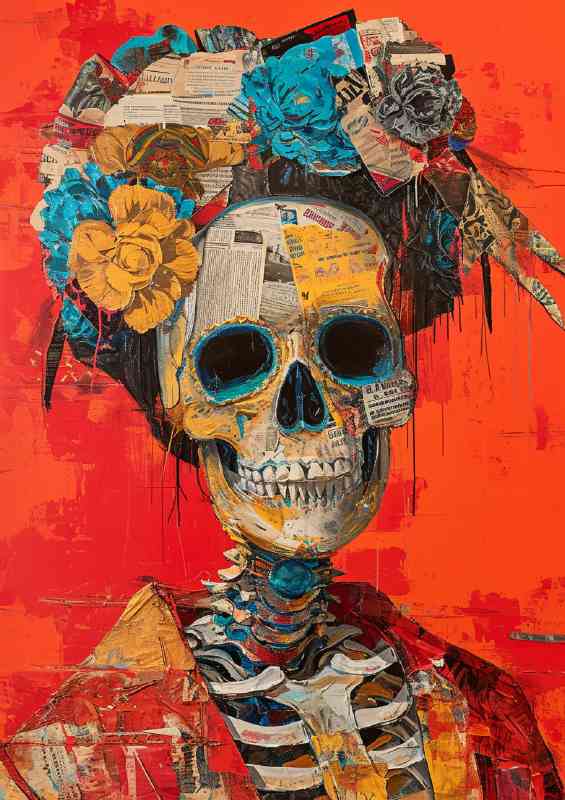Skull surrounded by art and flowers | Metal Poster