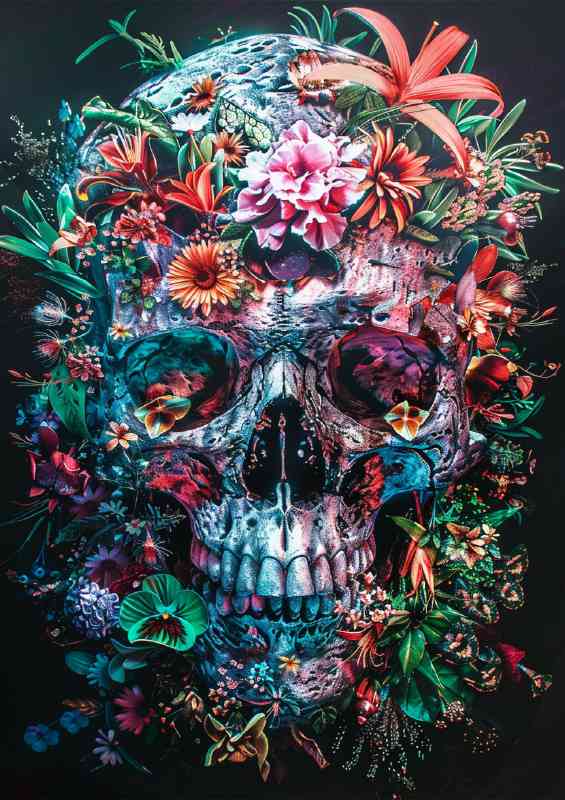 Skull with flowers and plants | Metal Poster