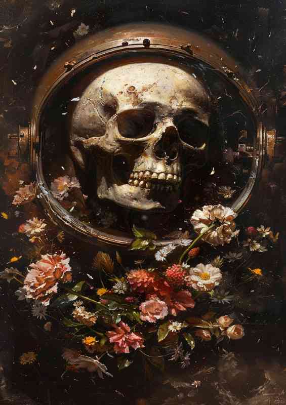 The skull is in a rusted helmet surrounded by flowers | Poster