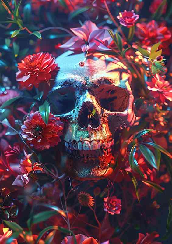 The skull is surrounded by a lot of colorful flowers | Metal Poster