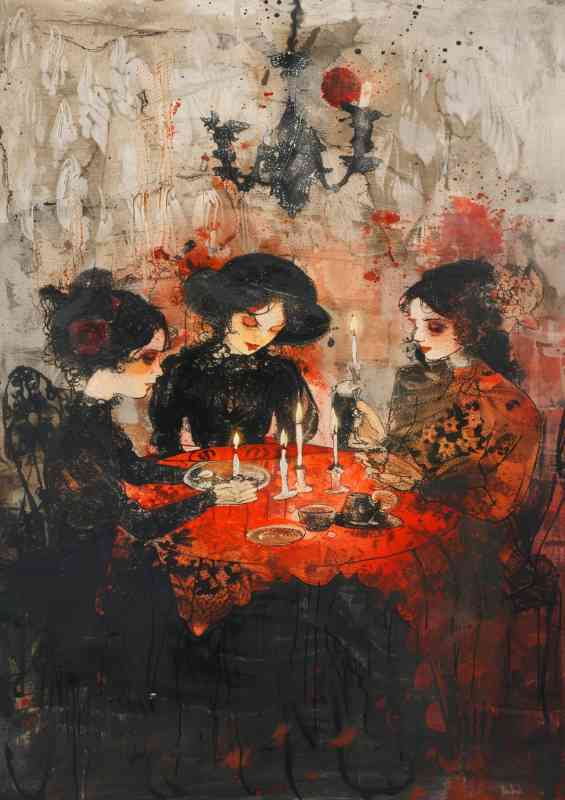 Witches sitting around a table with candles | Canvas