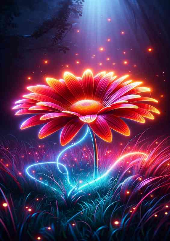 Glowing neon daisy its petals a brilliant array of reds and oranges | Canvas
