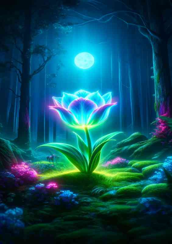 Neon glowing tulip its petals shimmering in shades of blue and green | Di-Bond