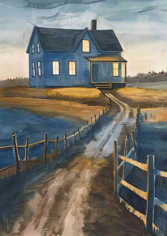Blue farmhouse with yellow light shining through | Di-Bond