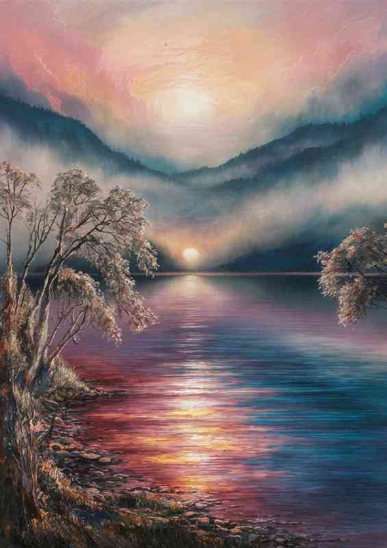 Breathtaking serene lake with mist setting | Poster