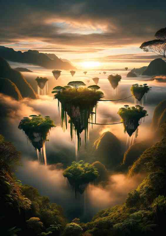 Ethereal beauty of floating islands above a misty valley | Poster