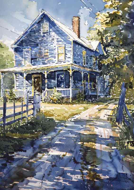 Farmhouse with a white porch and the lane | Canvas