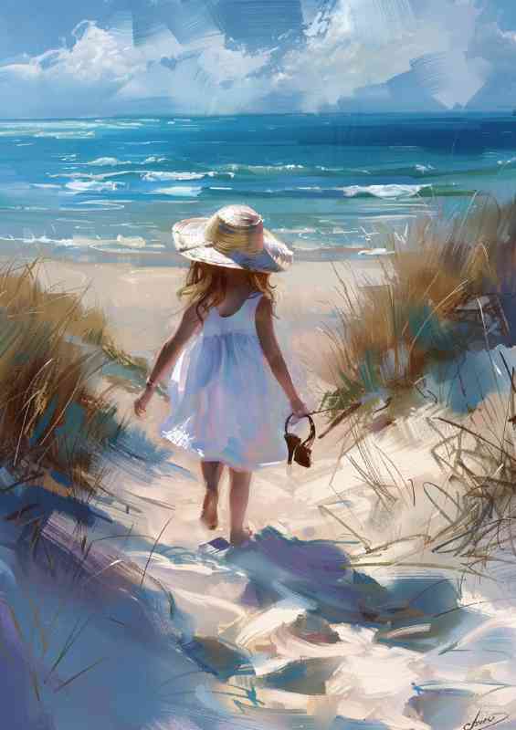 Girl in a white dress and sun hat walking alone | Canvas