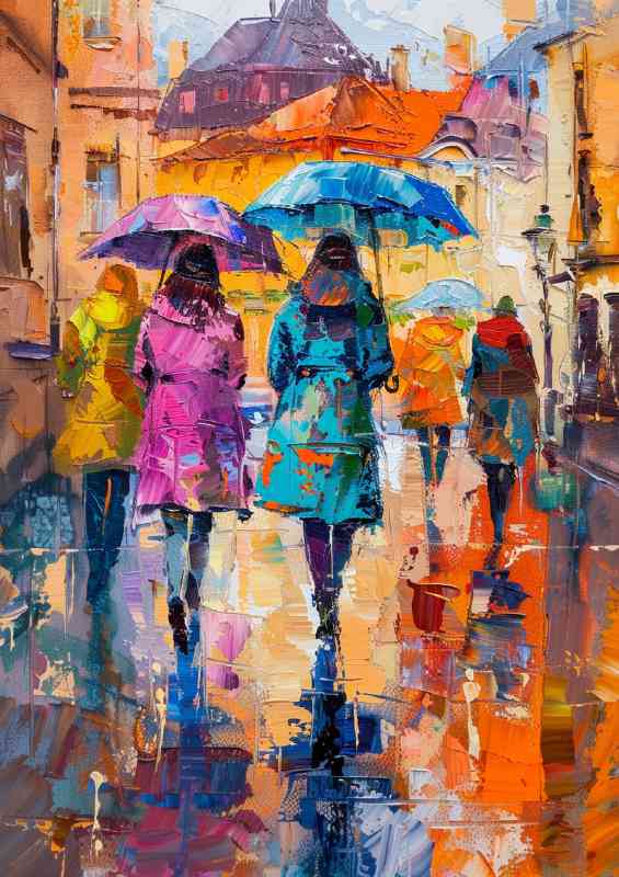 Ladys walking down the street with umberellas | Metal Poster
