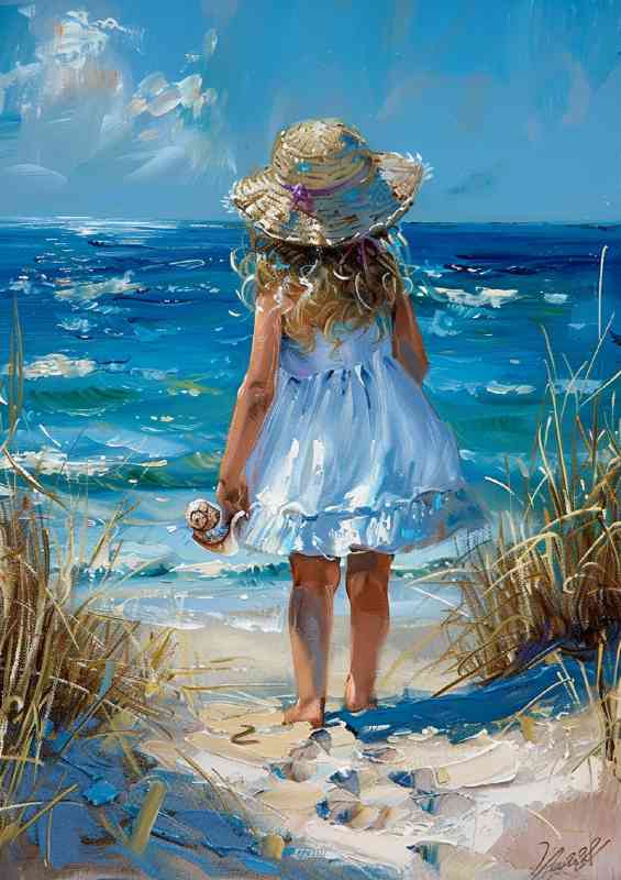 Little girl in a white dress and sun hat walking to the beech | Di-Bond