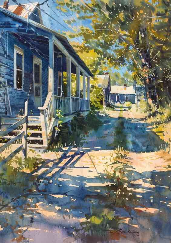 Old blue farmhouse with a white porch | Canvas
