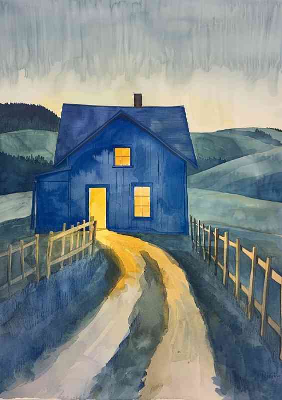 The blue farmhouse with yellow light | Di-Bond