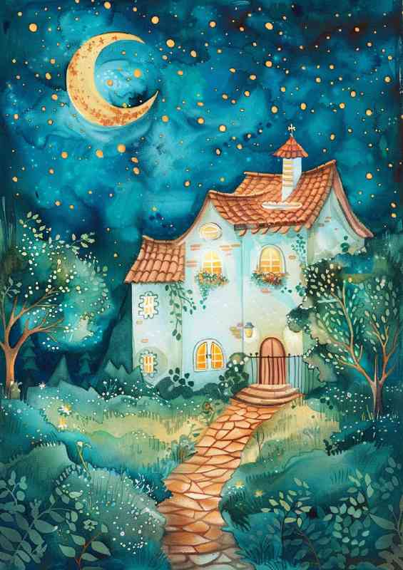 The house at night with moon and stars | Canvas