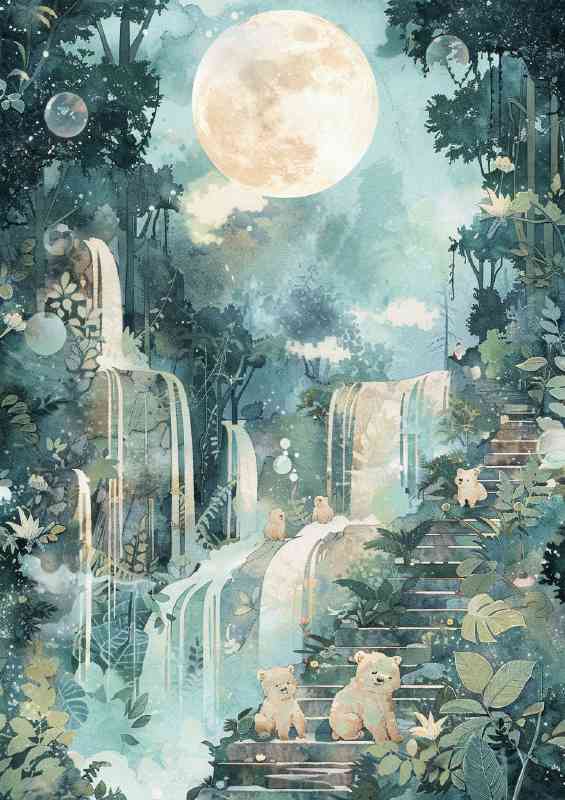 Whimsical watercolor collage of bear cubs | Metal Poster