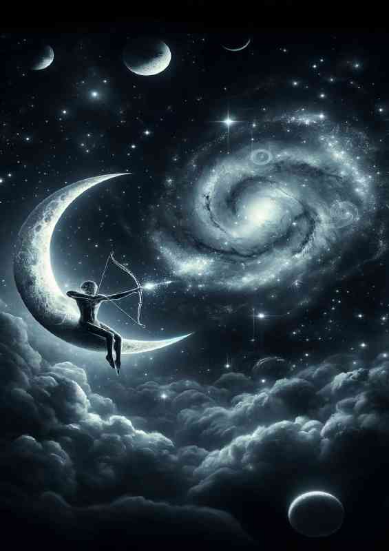 Celestial being on a crescent moon drawing a bow | Canvas