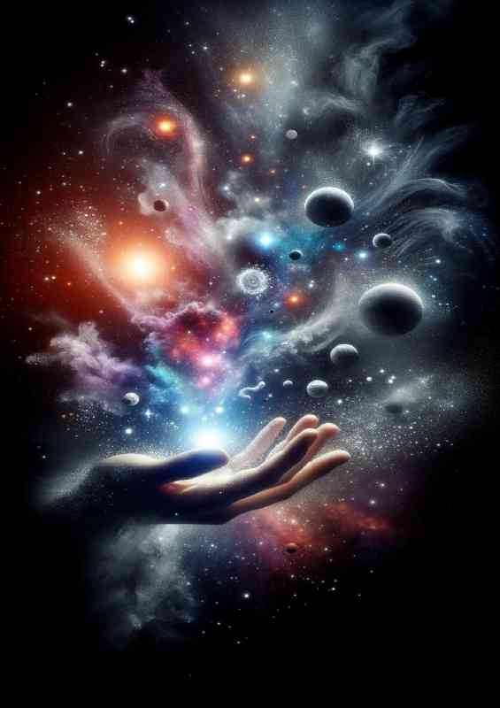 Hand dispersing a cloud of cosmic dust into celestial bodies | Poster