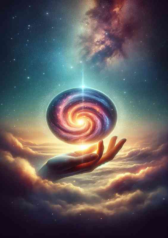Hand holding a cosmic orb which a vibrant solar system | Poster