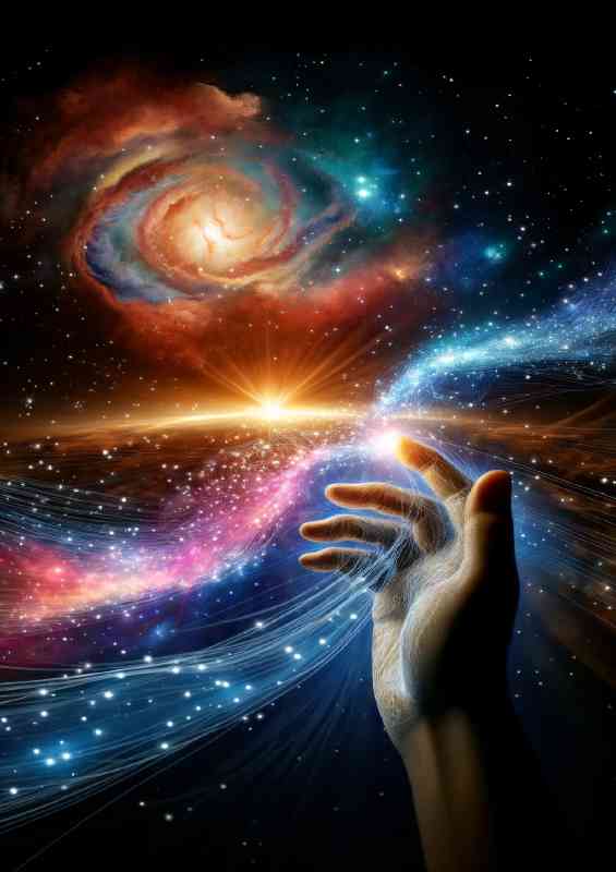 Hand weaving a tapestry of light that forms a galaxy | Poster