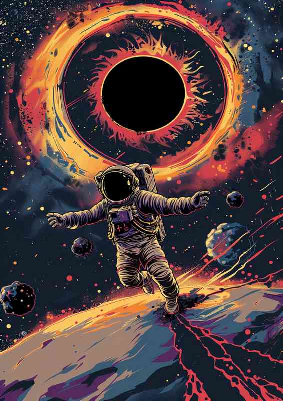 Astronaut taking off in space above a giant black hole | Di-Bond